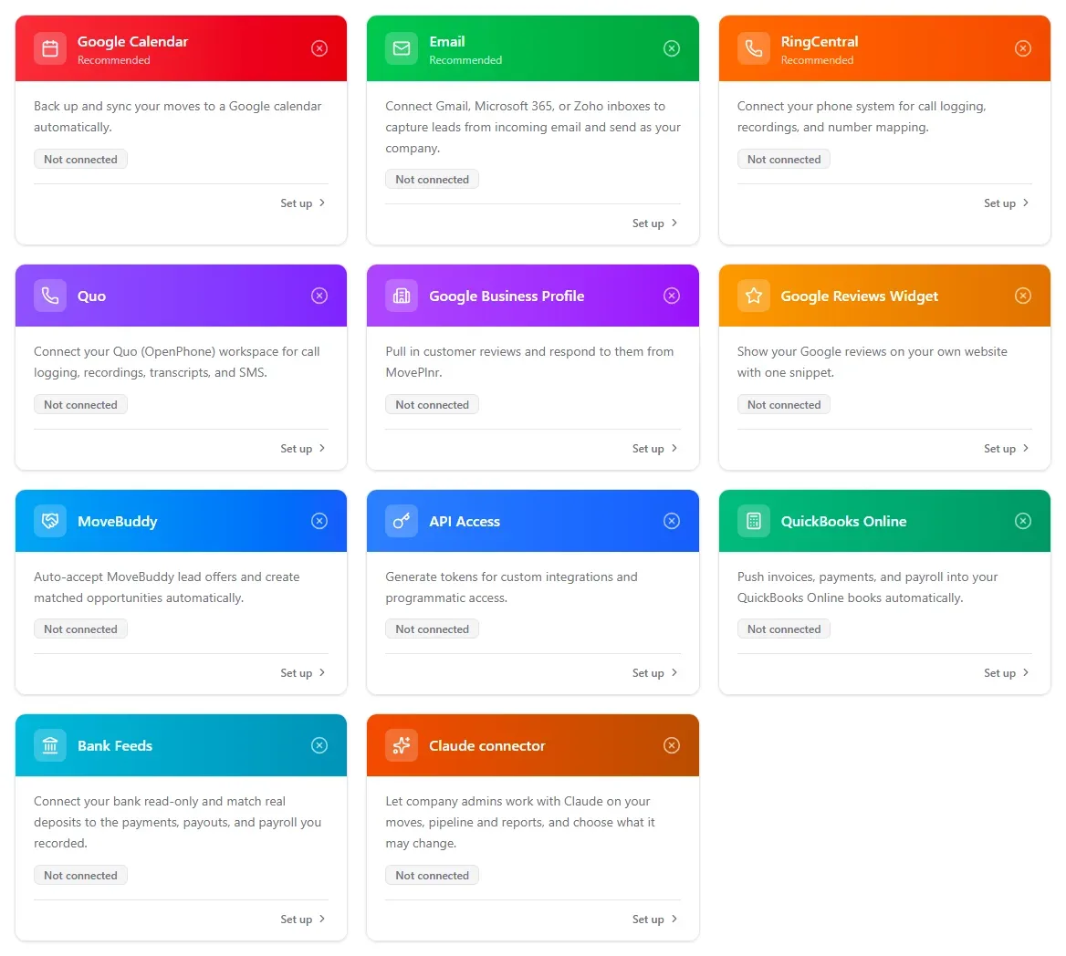 The Integrations Settings page with the Claude connector card among the other integrations