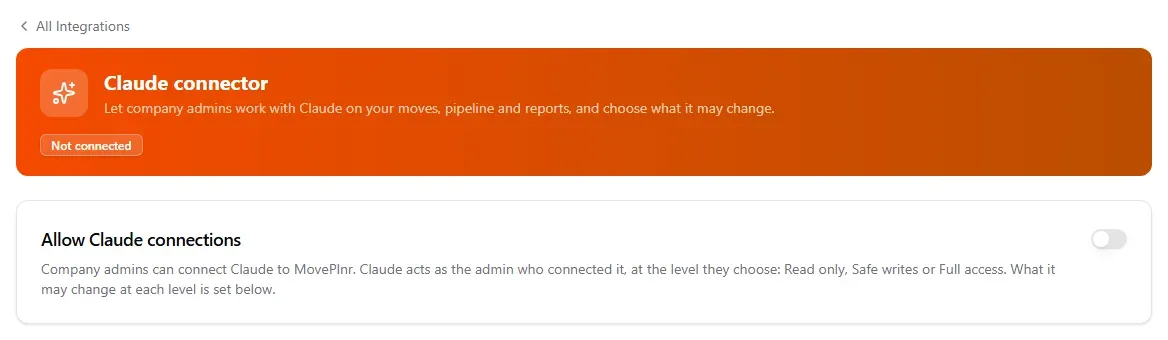 The Claude connector page with Allow Claude connections turned off