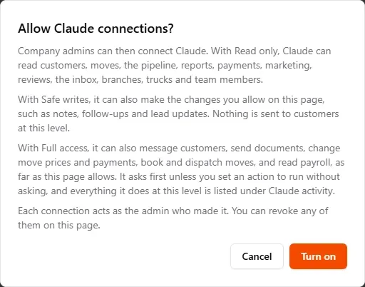 The Allow Claude connections dialog explaining the three levels