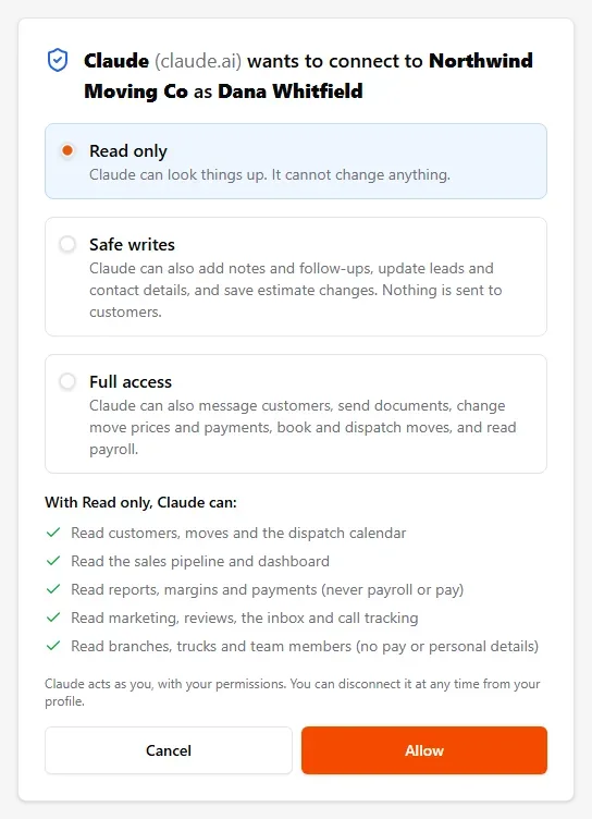 The MovePlnr consent page with Read only selected and its list