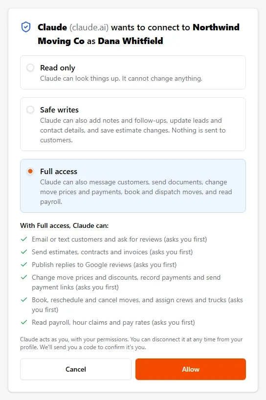 The MovePlnr consent page with Full access selected and everything it asks first about