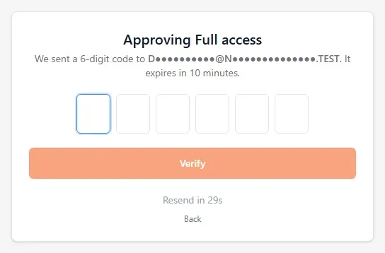 The code step headed Approving Full access with six code boxes