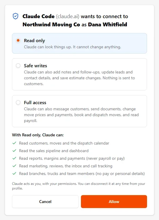 The consent page for Claude Code with Read only preselected