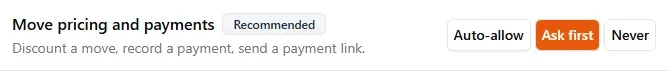 The Move pricing and payments row with Auto-allow, Ask first and Never