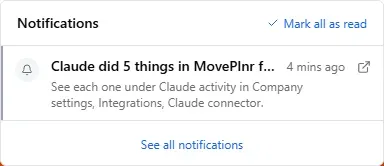 A bell notice saying Claude did 5 things in MovePlnr this hour