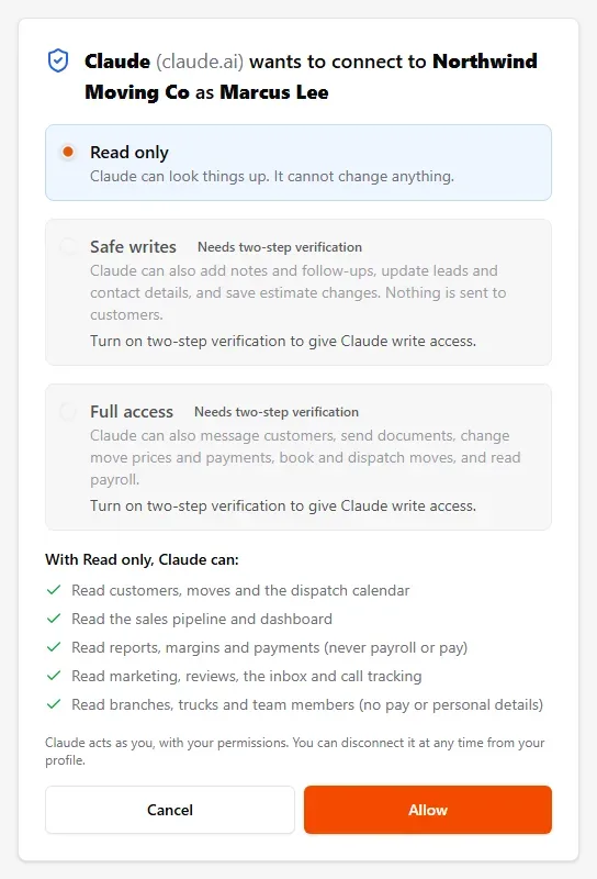 The consent page with Safe writes and Full access marked Needs two-step verification