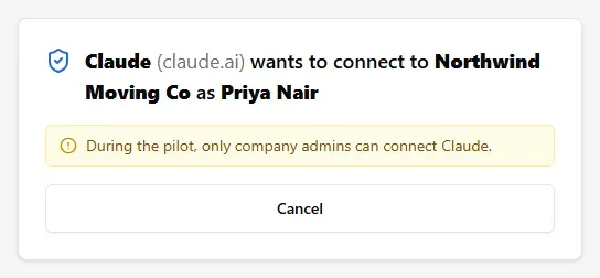 The consent page saying only company admins can connect Claude during the pilot