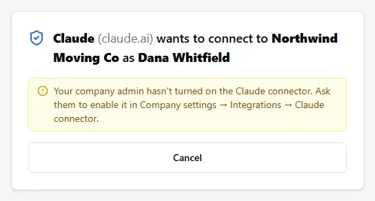 The consent page saying the company admin hasn't turned on the Claude connector