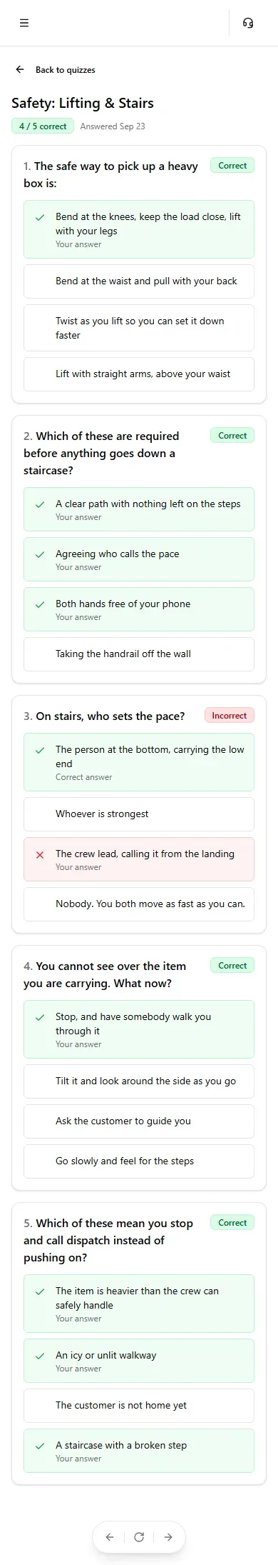 A quiz result with the answer key