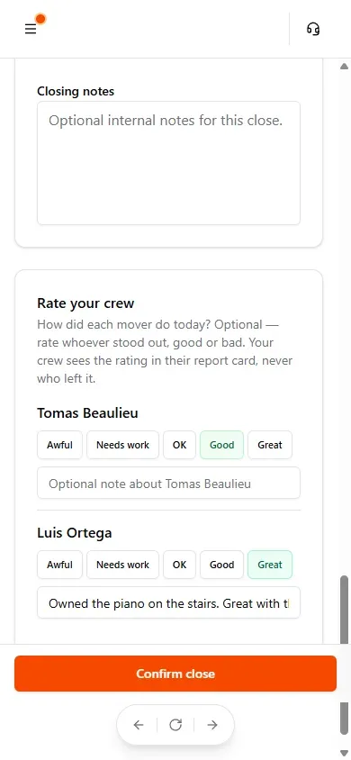 Rate your crew on the close screen