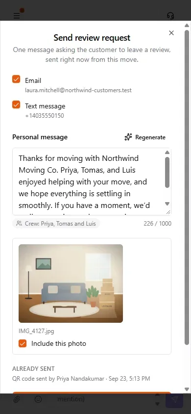 The review request with a pre-written note and photo