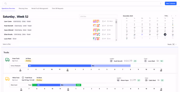 MovePlnr CRM dashboard showcasing operations overview with scheduling and dispatch features